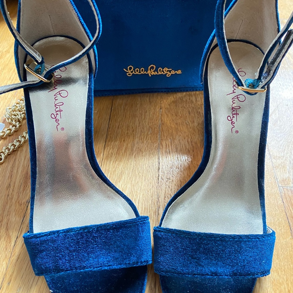 Lilly Pulitzer Deep Blue Velvet Heels & Matching Purse
